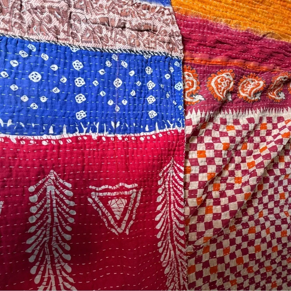 Vintage Kantha Quilt Twin Hand Stitched Sari Patchwork Boho Textile 52” x 80”